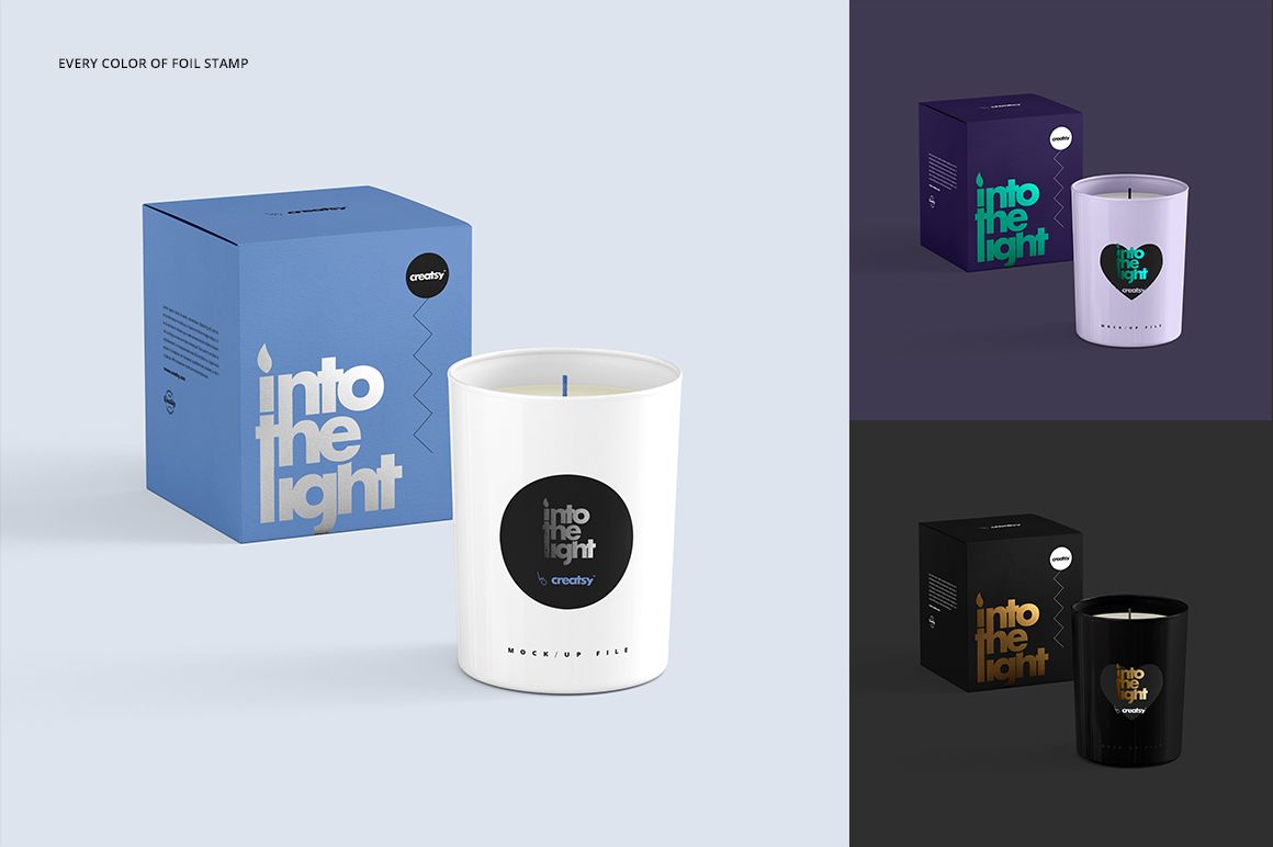 Scented candle mockup suite showing candles and boxes in white, purple, and black, each with unique round labels.