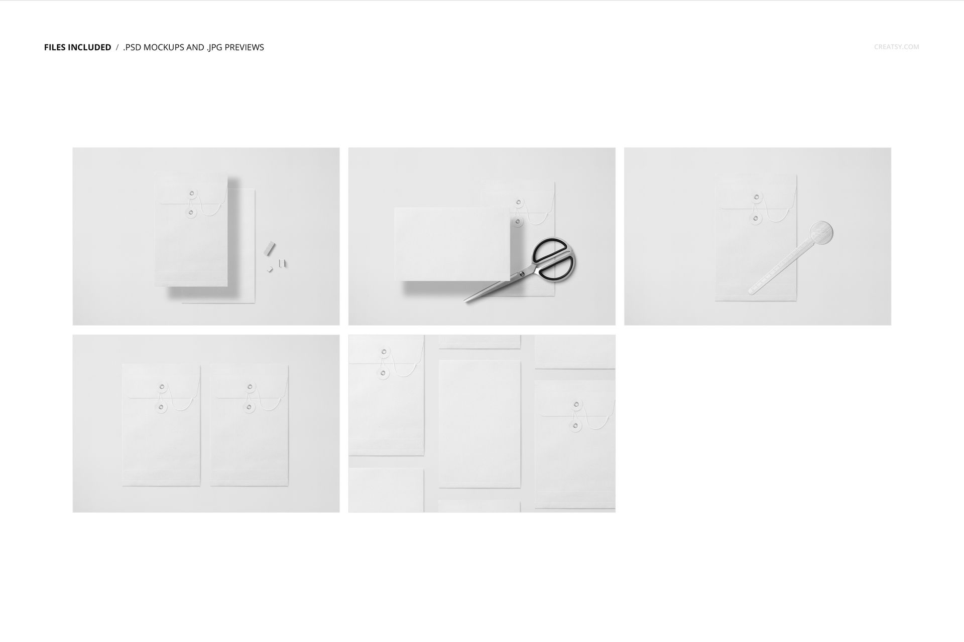 PSD mockup of string envelopes in different perspectives, accompanied by scissors, pen, and paper clips on a light surface.