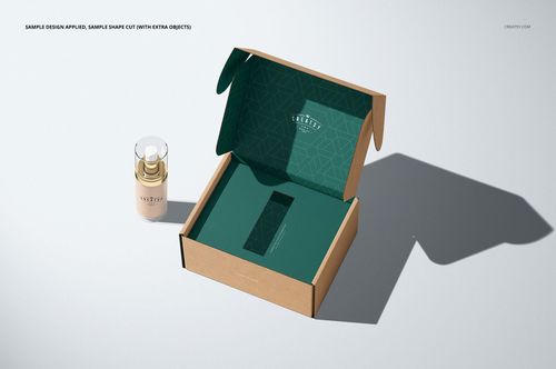Insert tray generator mailing box mockup featuring a kraft box with green interior and a cosmetic bottle nearby.