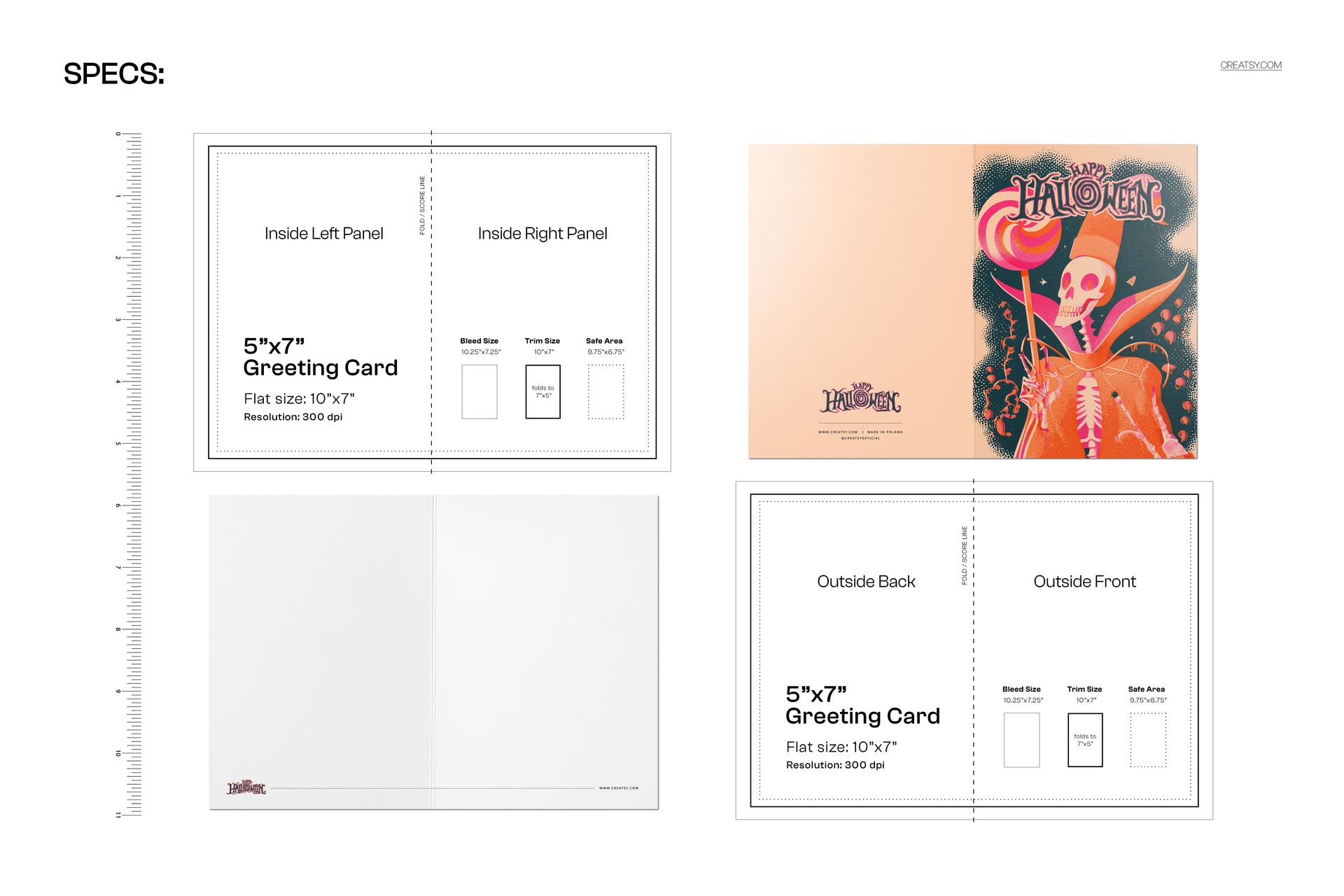 Greeting card mockup with a pink wizard skeleton Halloween design, shown flat and folded with front and inside panels visible.