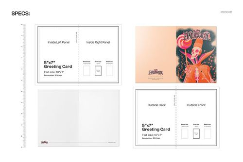 Greeting card mockup with a pink wizard skeleton Halloween design, shown flat and folded with front and inside panels visible.