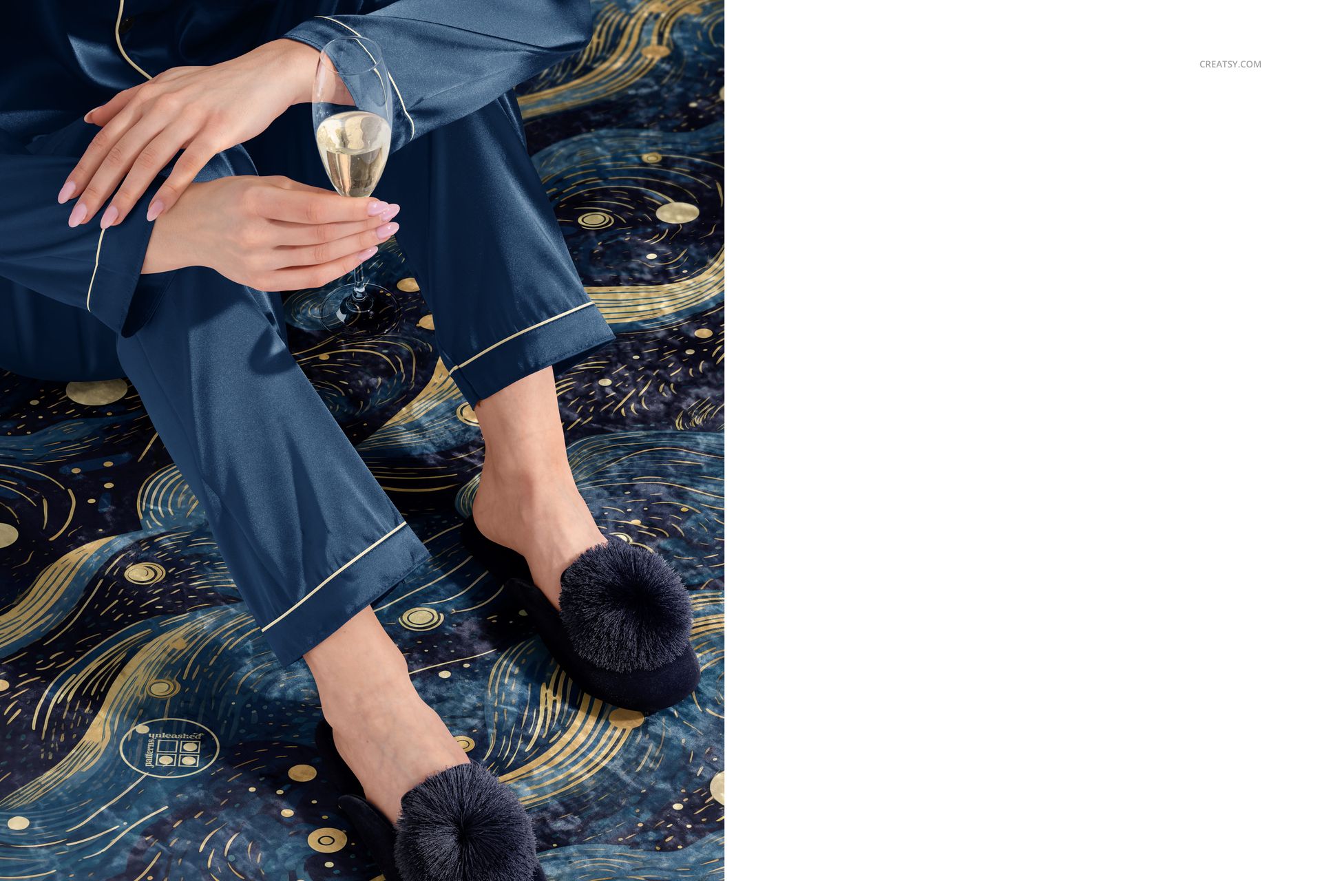 Marbled velvet rug mockup featuring abstract blue and gold design, person in slippers and pajamas seated on rug.