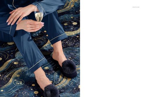 Marbled velvet rug mockup featuring abstract blue and gold design, person in slippers and pajamas seated on rug.