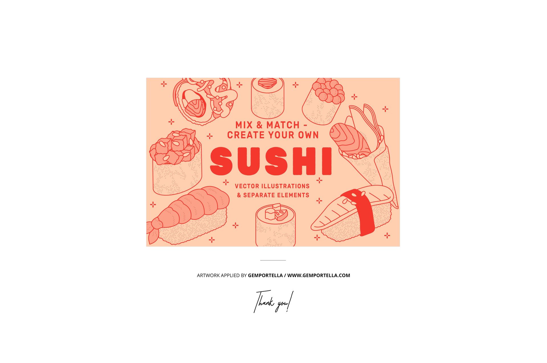 Rectangular takeaway box mockup with sushi illustrations and red text, shown from the front on a light background.