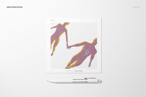 Stationery mockup displaying a square card with modern art design, accompanied by a white pen on a light background.