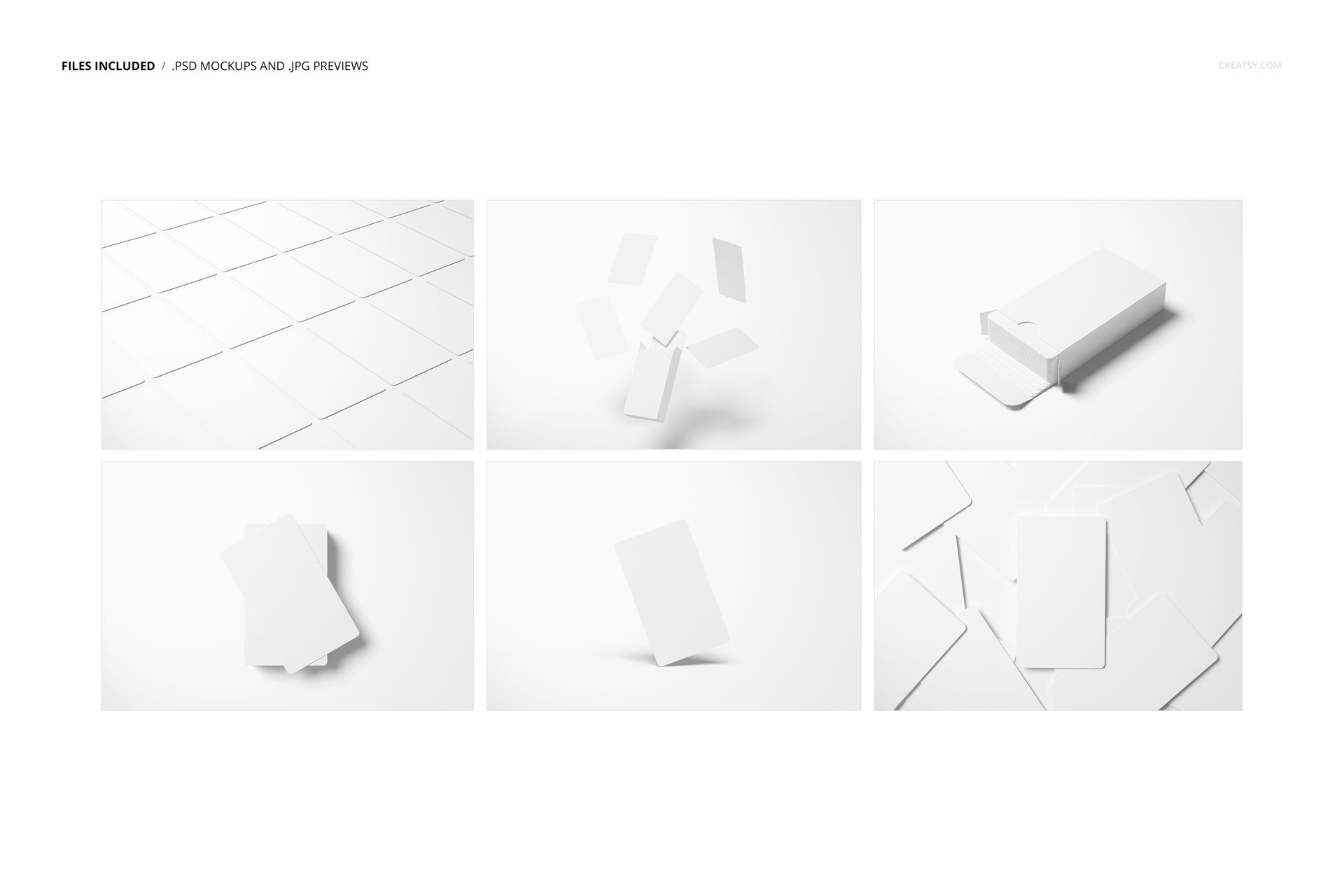 Six-panel mockup featuring blank tarot cards and a box, shown in different positions and perspectives on a white surface.