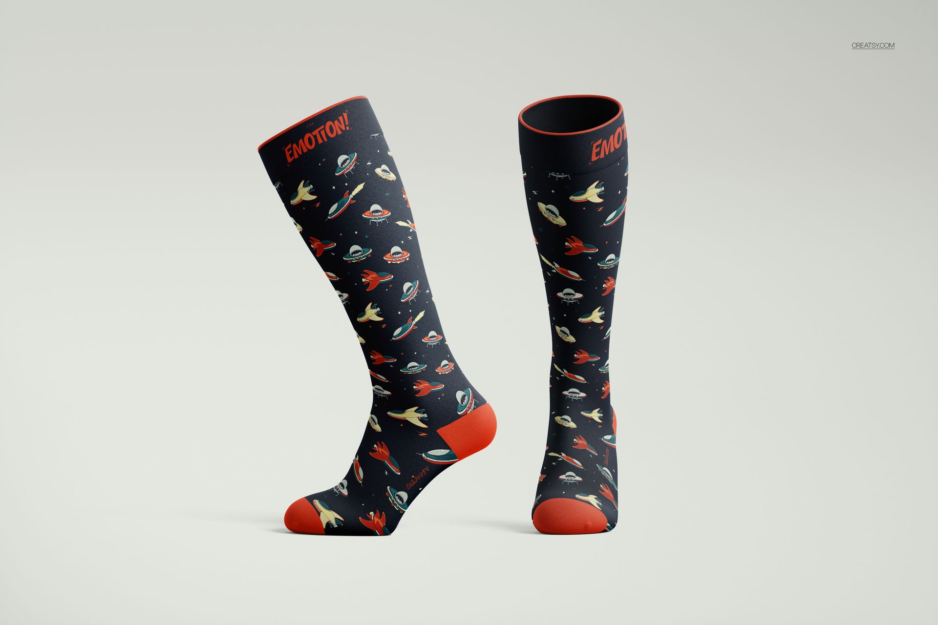 Over the calf socks mockup featuring a space-themed pattern with planets and rockets, shown on a plain background.
