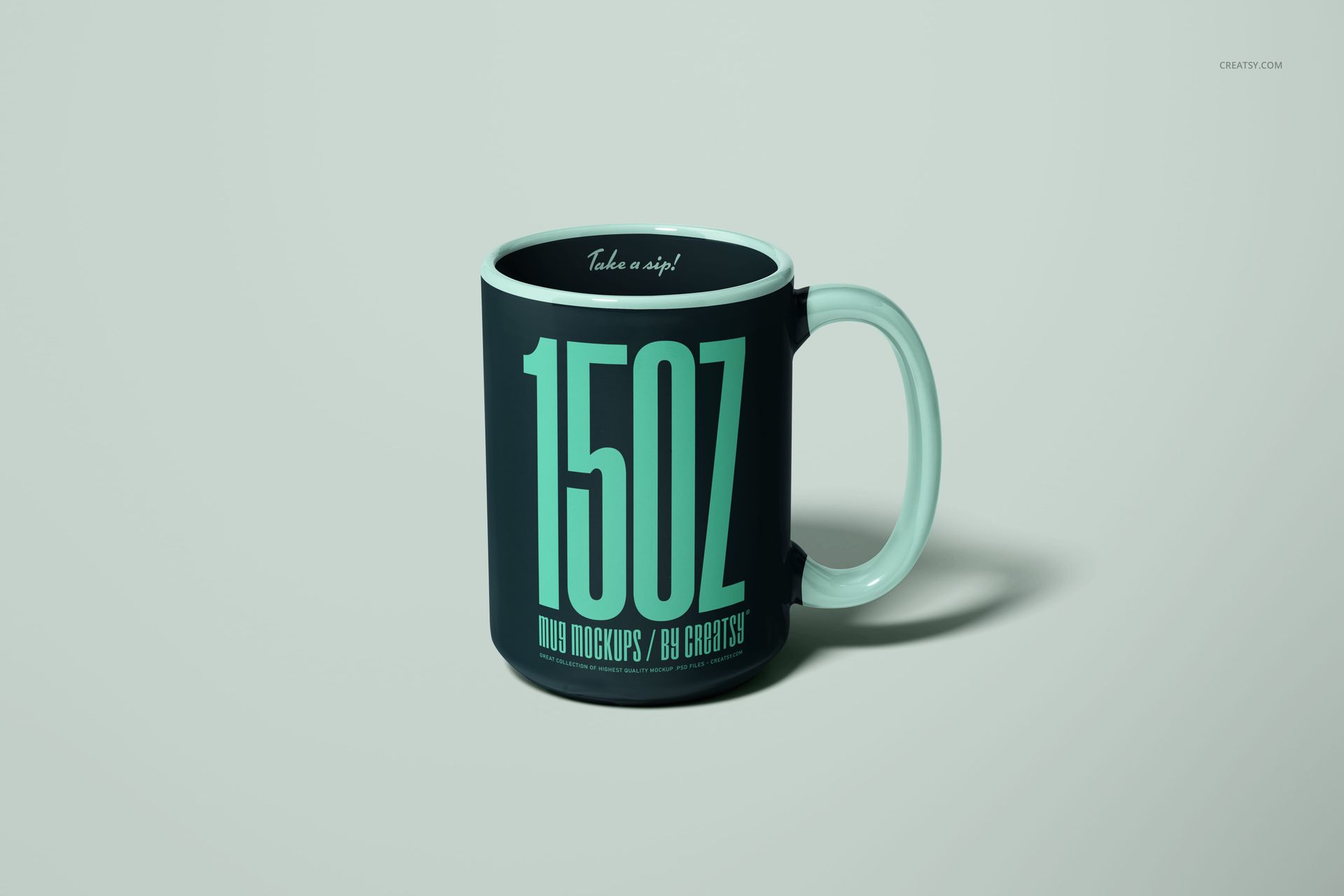 Black and teal 15oz mug mockup displayed upright, featuring bold text and a curved handle on a plain surface.