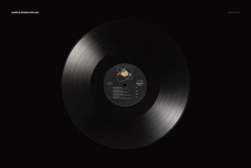 Black vinyl record mockup displayed from above, featuring a detailed label and visible record grooves.