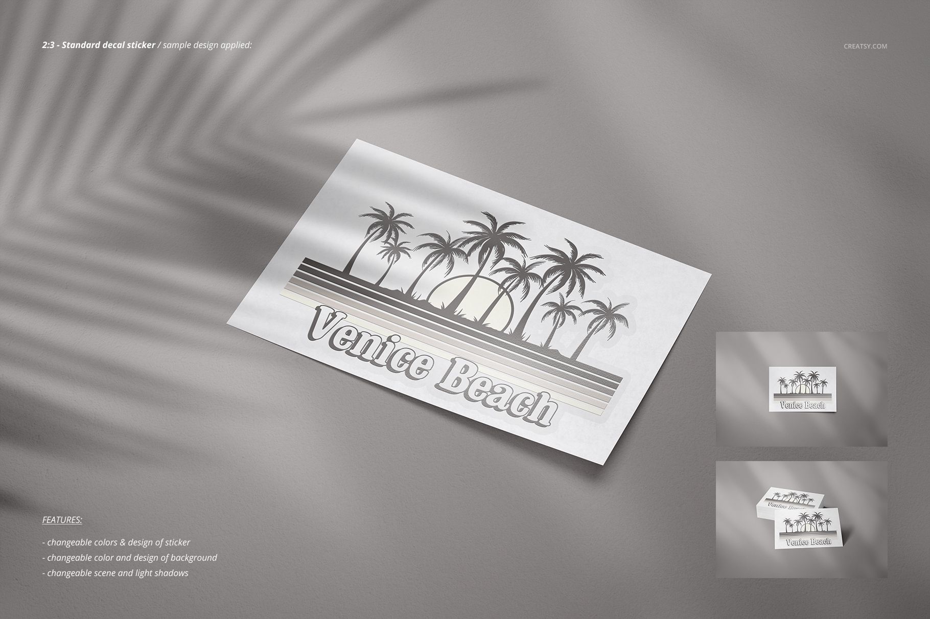 Rectangular decals sticker mockup with a Venice Beach design featuring palm trees and a sunset, shown on a light gray surface.