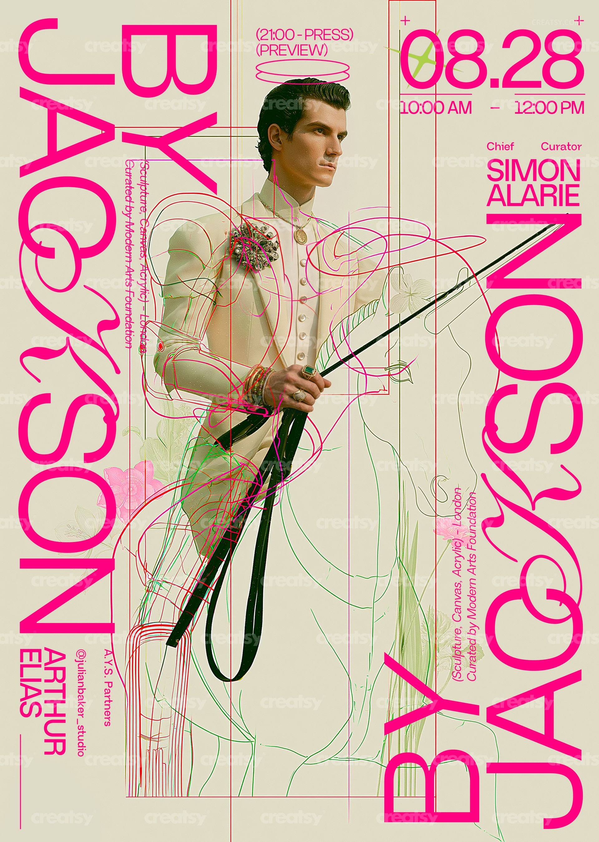 PSD mockup of a poster showing a stylized man in formal attire with pink and green text, viewed from the front.