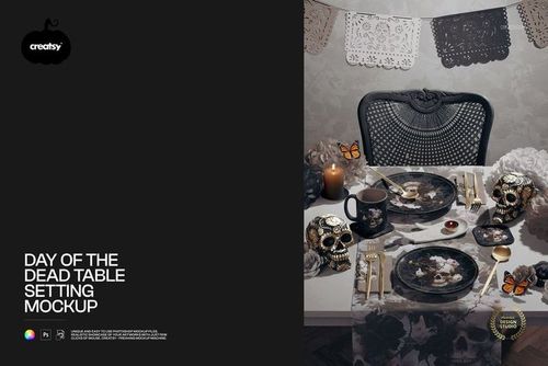Day of the Dead table setting mockup with decorated skulls, flowers, candles, and patterned table runner in an angled view.