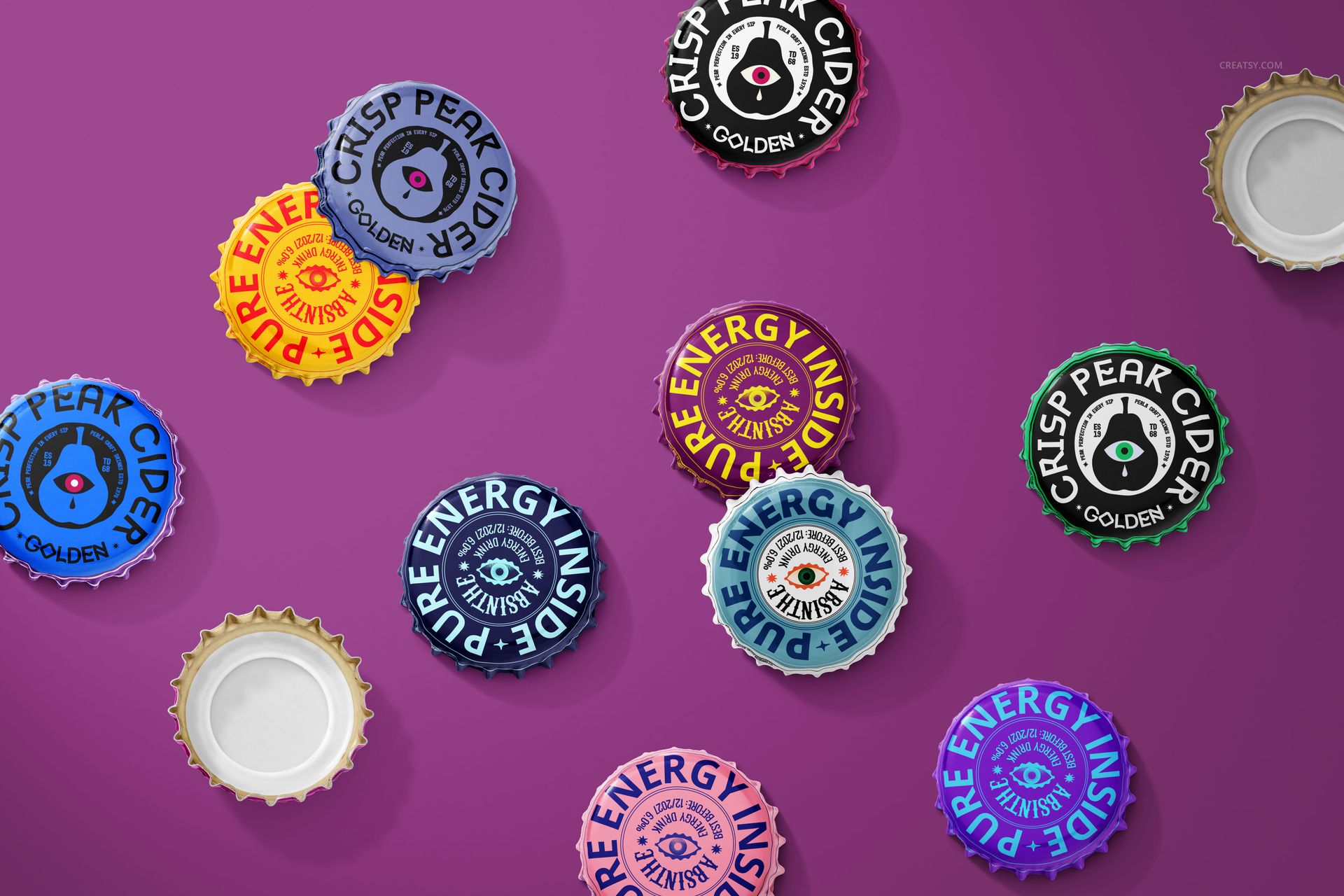 Top view of multiple bottle caps in blue, red, yellow, and black, featuring branding designs, shown in a PSD mockup layout.