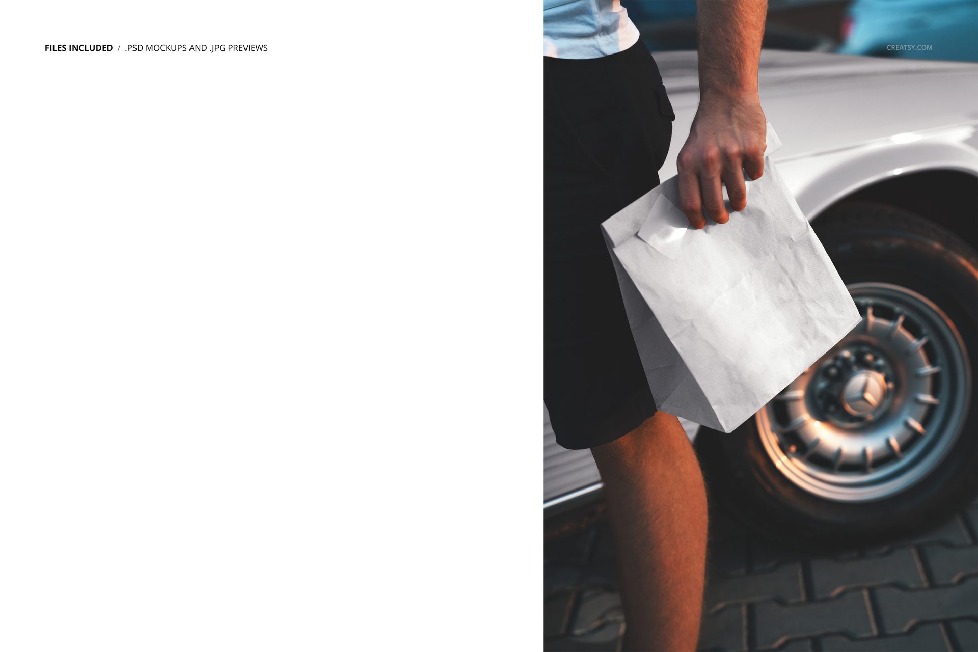 PSD mockup showing a white paper bag being held beside a silver classic car, with pavement visible below.