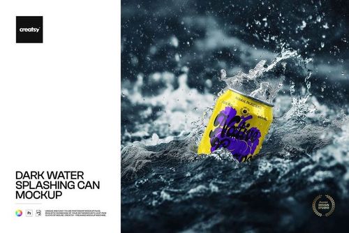 Yellow drink can with purple graphics splashing in dark, turbulent water, front view, realistic mockup scene.