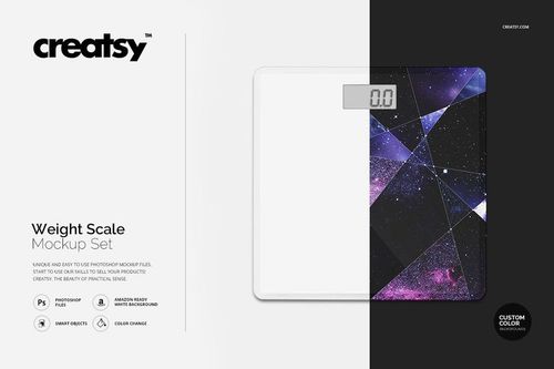 Digital weight scale mockup with geometric purple and black pattern, shown from top view on a split black and white background.