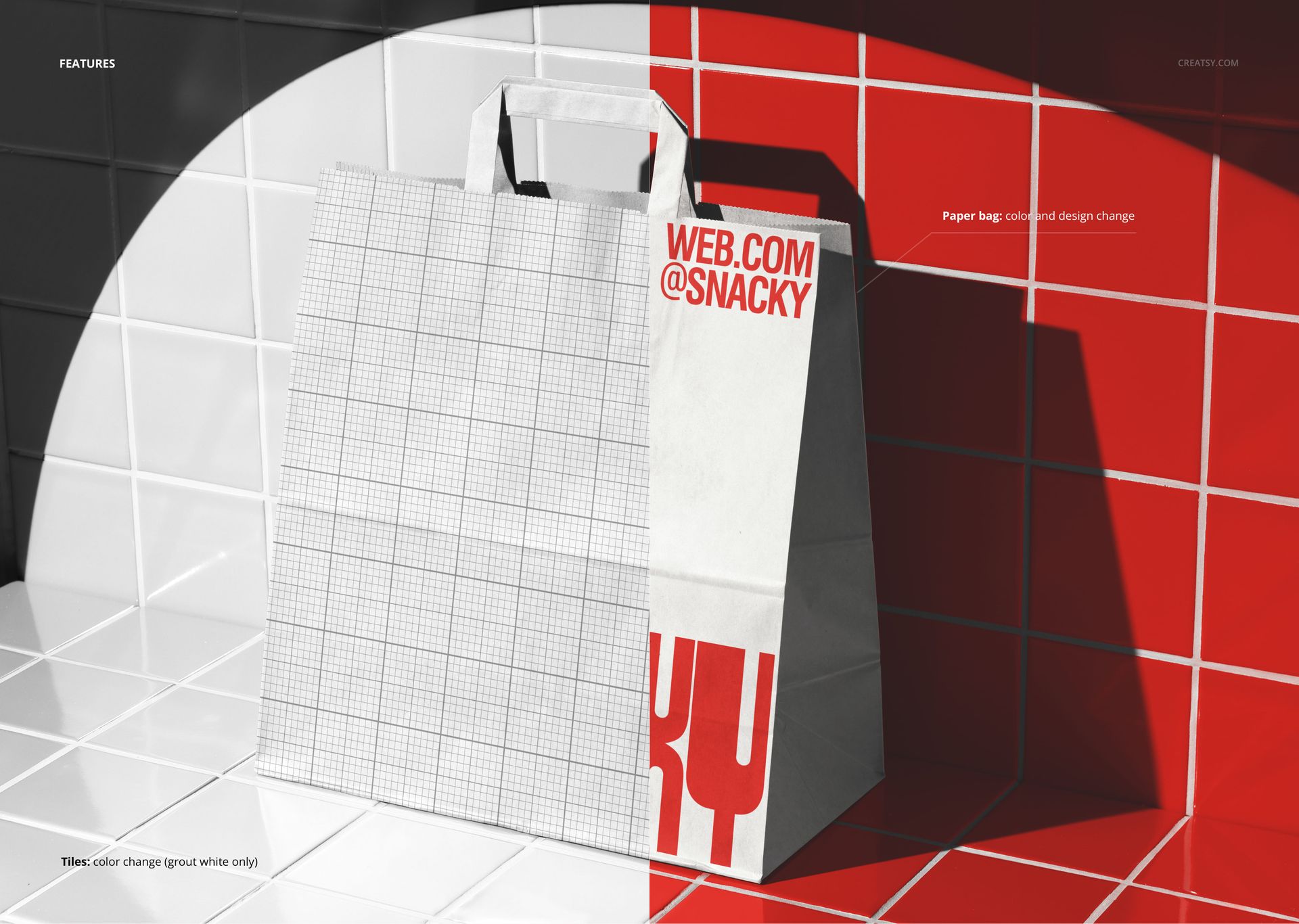 Front view of a standing paper takeaway bag mockup with grid and bold red text, set against glossy tiled walls.