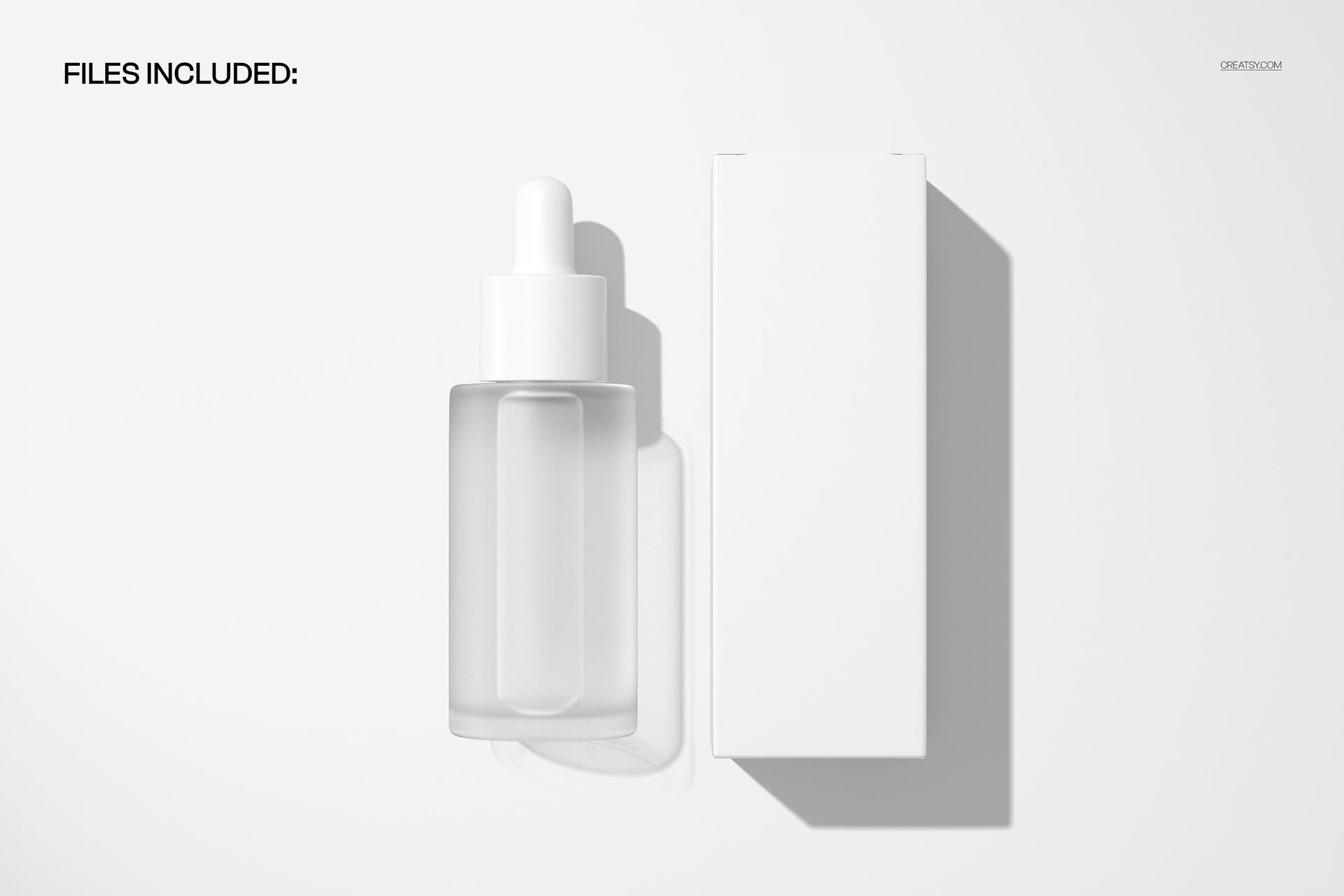 Front view of a frosted glass dropper bottle and a plain white carton box on a white background, cosmetics mockup.
