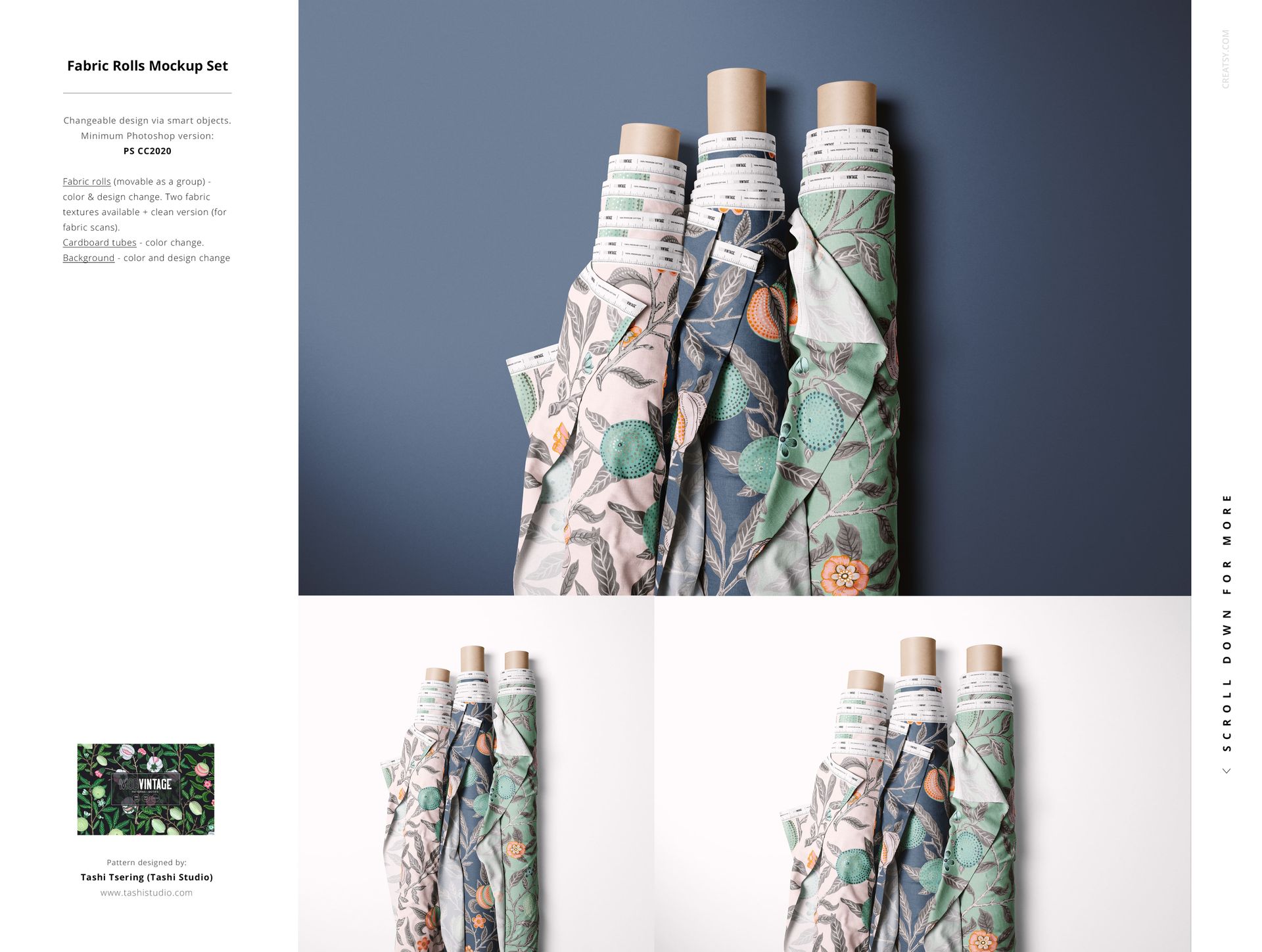 Fabric factory PSD mockup featuring multiple textile rolls with nature-inspired prints, displayed in a studio setting.