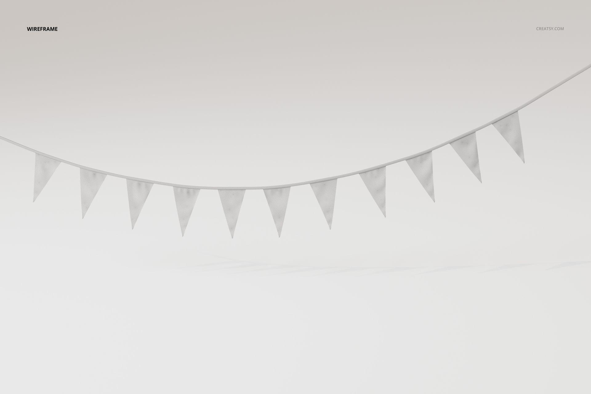 Front view of a string of triangular bunting party flags in white, evenly spaced and hanging against a plain background.