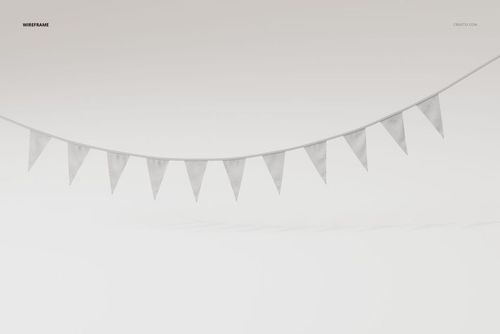 Front view of a string of triangular bunting party flags in white, evenly spaced and hanging against a plain background.