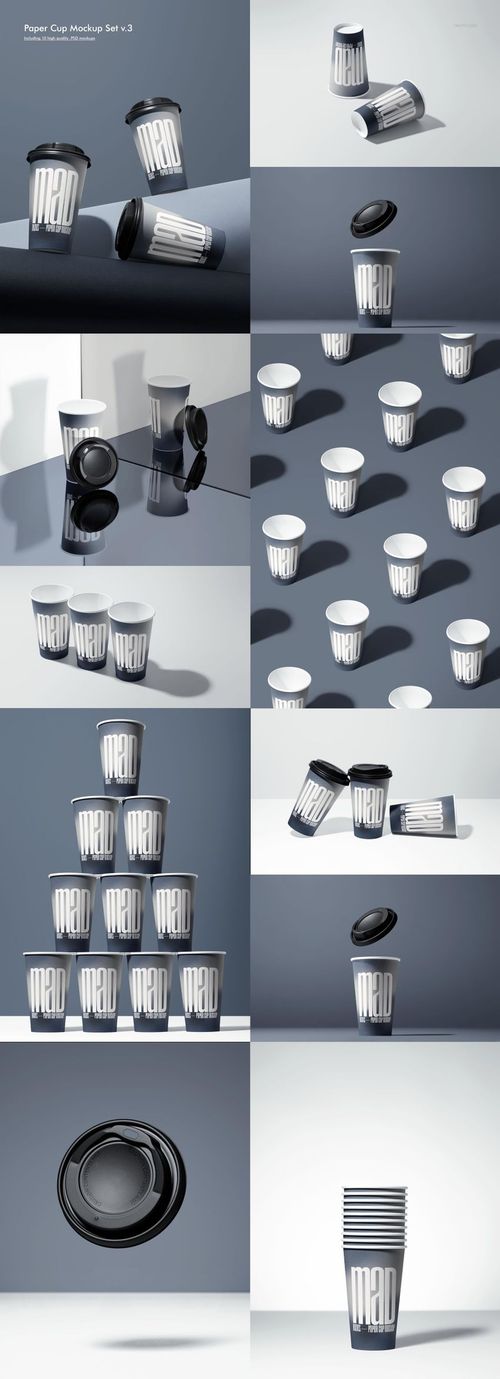 Paper cup PSD mockup bundle featuring several cups with vertical stripe designs and black lids in studio lighting.