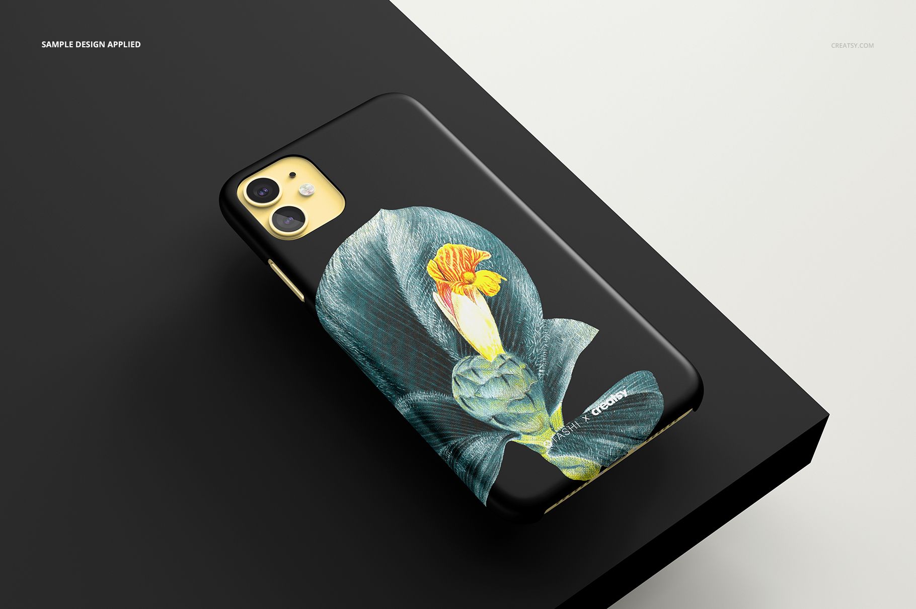 Matte snap case mockup for iPhone 11 with a colorful flower print, displayed on a modern black and white platform.