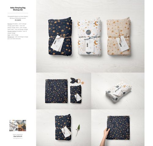 PSD mockup of baby sleeping bags with star and moon motifs, including matching accessories, arranged on a light background.
