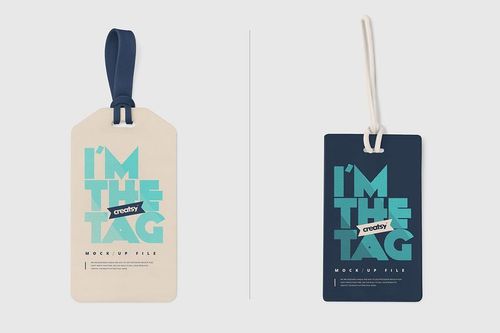 Luggage tag mockup set showing two rectangular tags, beige and navy, each with contrasting straps and large text.