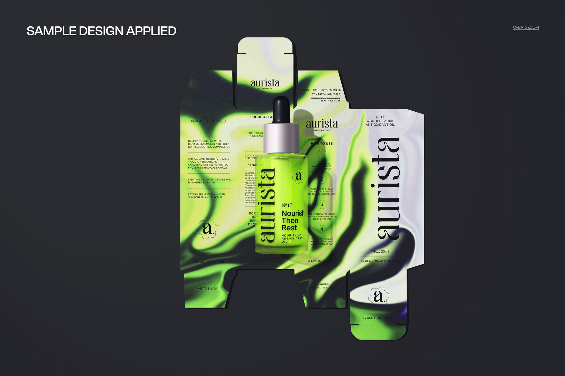 Serum dropper bottle mockup displayed with unfolded packaging featuring vibrant green and black patterns, top view.