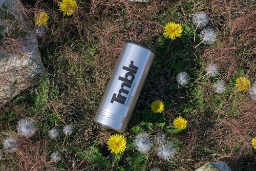 22oz stainless steel tumbler mockup placed on grassy ground with dandelion flowers and stones, viewed from above.