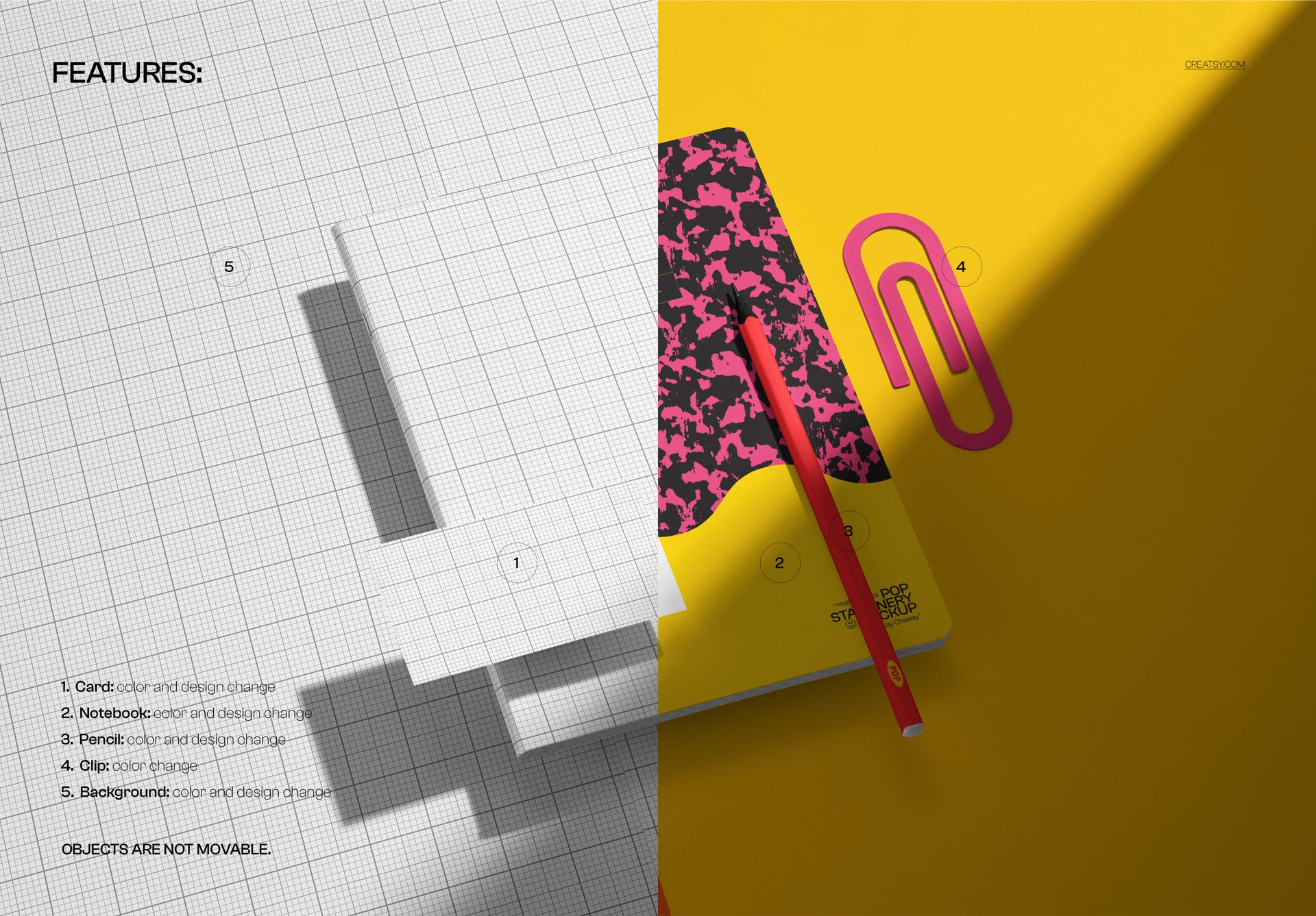 PSD mockup showing a composition notebook with a pink and black cover, red pencil, and pink paperclip on a desk.