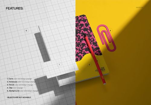PSD mockup showing a composition notebook with a pink and black cover, red pencil, and pink paperclip on a desk.