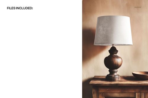 PSD mockup showing a classic wooden baluster lamp with a light lampshade on a wooden table in a softly lit interior.
