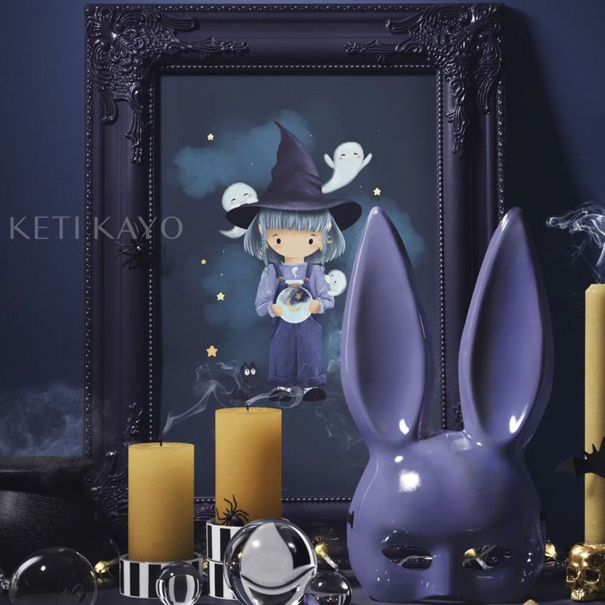 Halloween picture frame mockup featuring a whimsical witch illustration, surrounded by candles, glass orbs, and a purple bunny mask.
