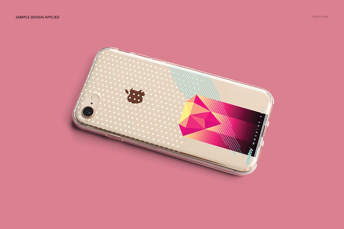 iPhone 8 clear case mockup featuring abstract geometric artwork and dotted pattern, shown from a top perspective.