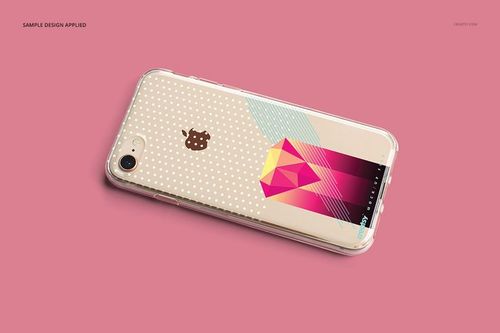 iPhone 8 clear case mockup featuring abstract geometric artwork and dotted pattern, shown from a top perspective.