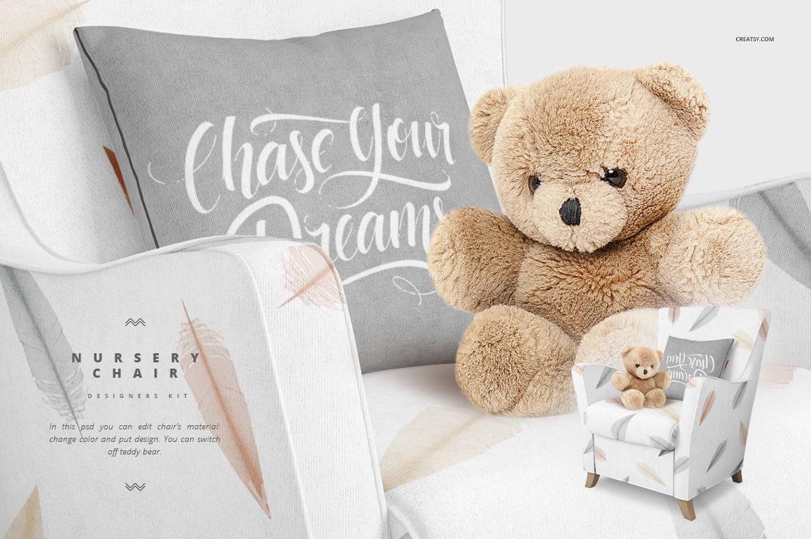 Mockup of a nursery chair in soft tones, featuring a teddy bear and a gray pillow with white lettering.
