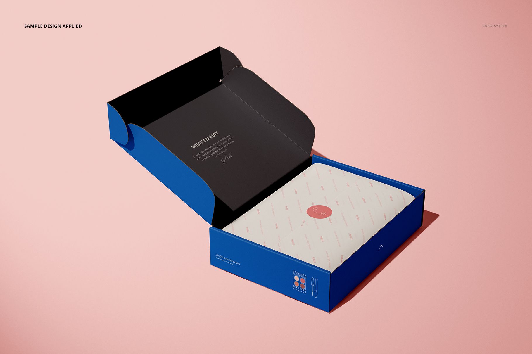 Open mailing box mockup with blue exterior and black lid, showing white tissue paper with subtle pattern inside.