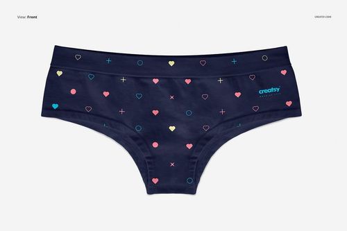Front view of women's briefs mockup featuring a dark blue color and multicolored small heart and cross motifs.