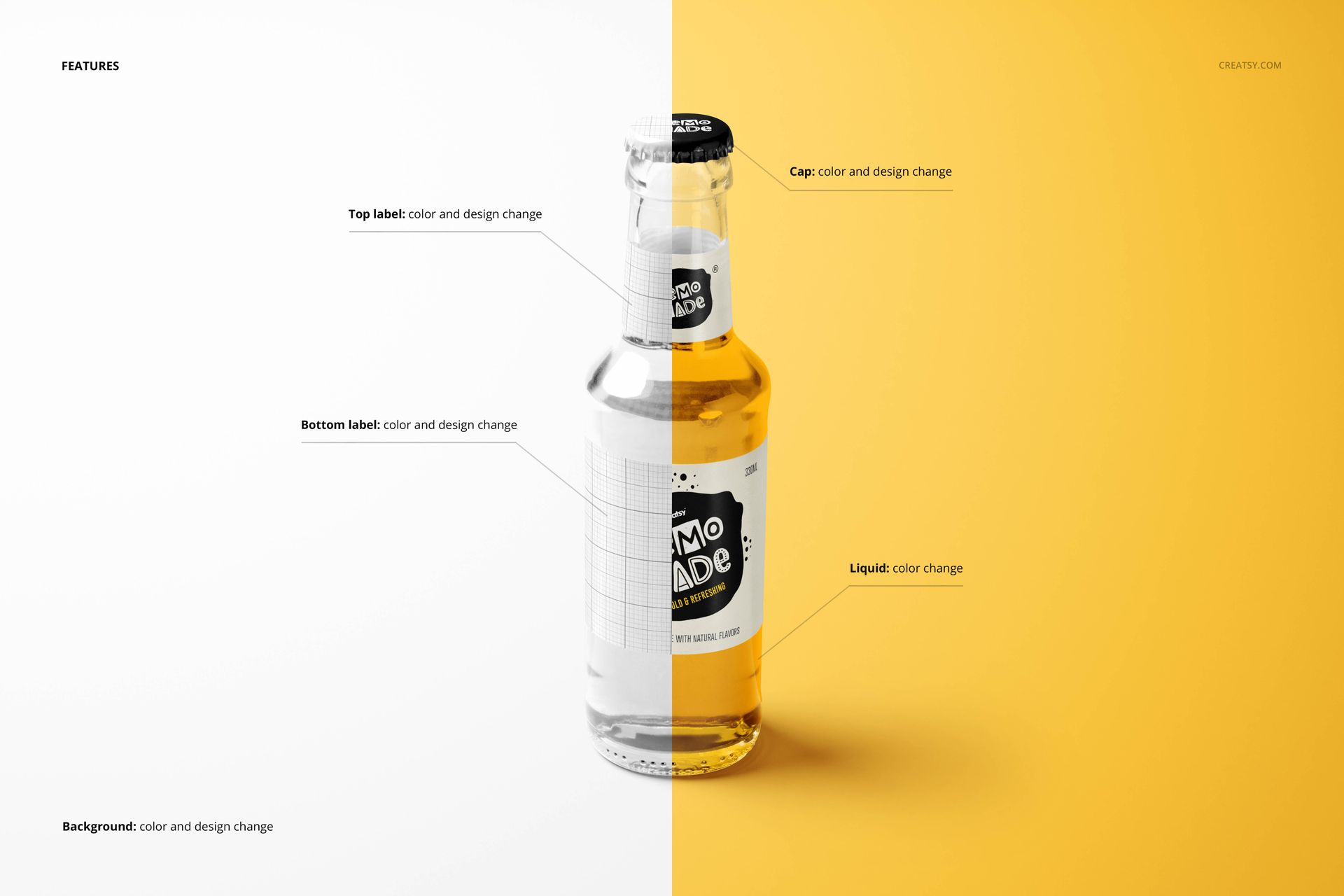 Glass lemonade bottle mockup with customizable labels, displayed against a half white, half yellow backdrop.