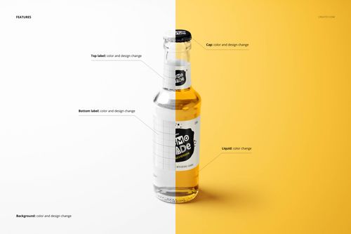 Glass lemonade bottle mockup with customizable labels, displayed against a half white, half yellow backdrop.