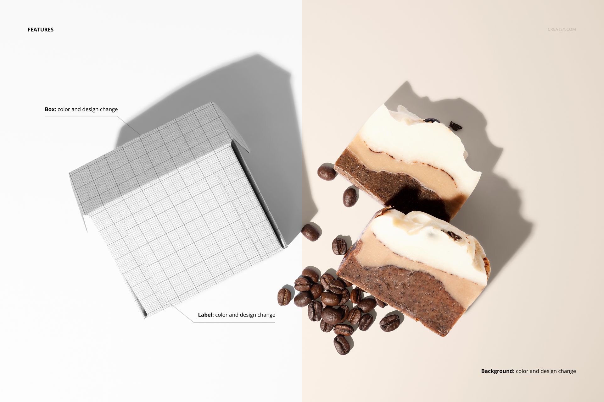 Coffee soap box mockup with grid pattern shown from top view, next to two coffee soap bars and scattered coffee beans.