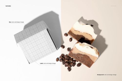 Coffee soap box mockup with grid pattern shown from top view, next to two coffee soap bars and scattered coffee beans.
