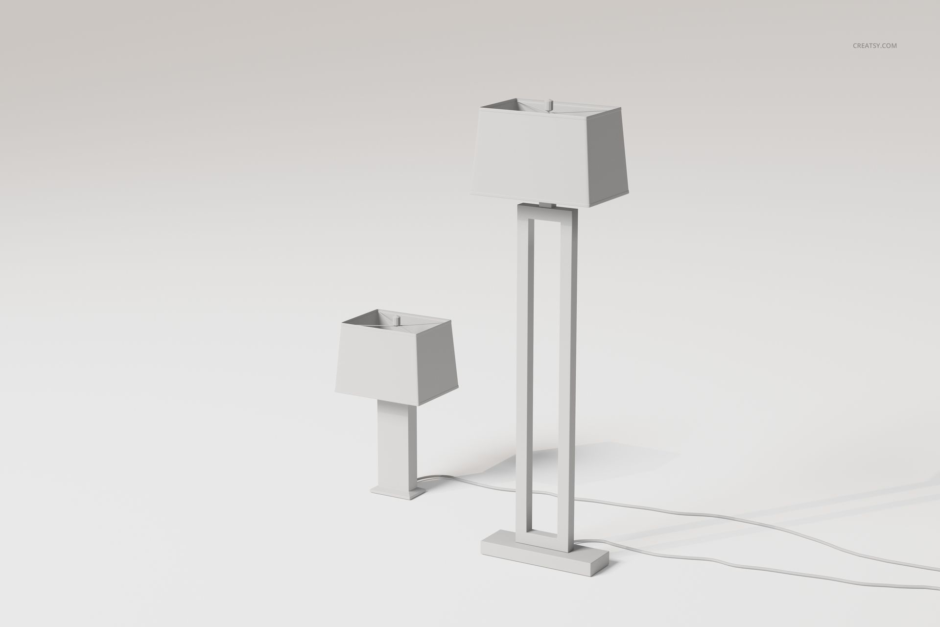 Front view of two Art Deco style lamps in a minimalist 3D scene, featuring geometric rectangular shapes and neutral tones.
