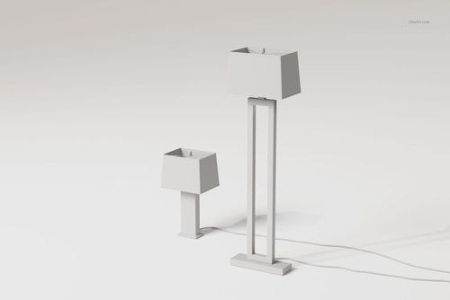Front view of two Art Deco style lamps in a minimalist 3D scene, featuring geometric rectangular shapes and neutral tones.
