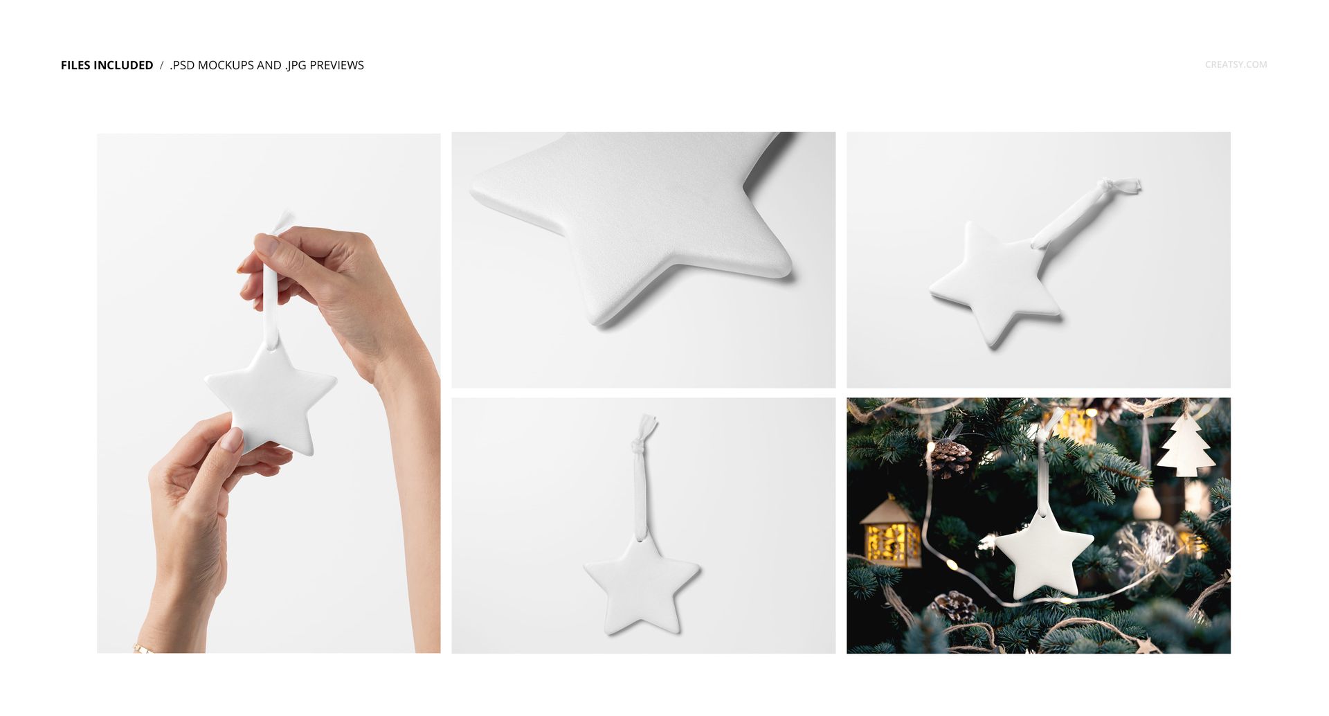 Star-shaped Christmas ornament mockup in white fabric, shown from various angles including close-up and hanging on a tree.