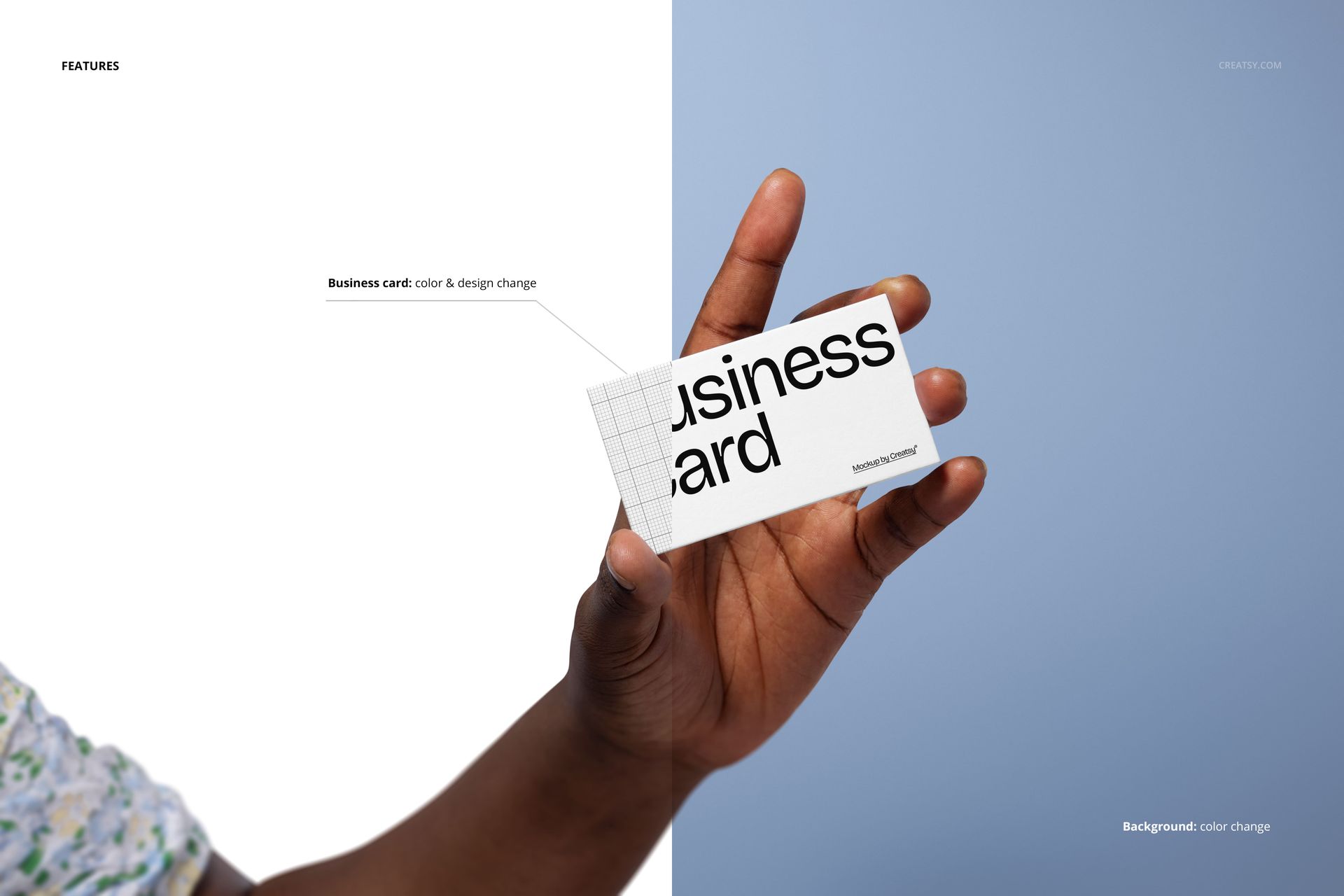 Close-up of a female hand holding a rectangular business card mockup against a split white and blue background.