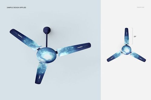 Ceiling fan mockup with three blades featuring a blue galaxy pattern, shown from a front angle on a light background.