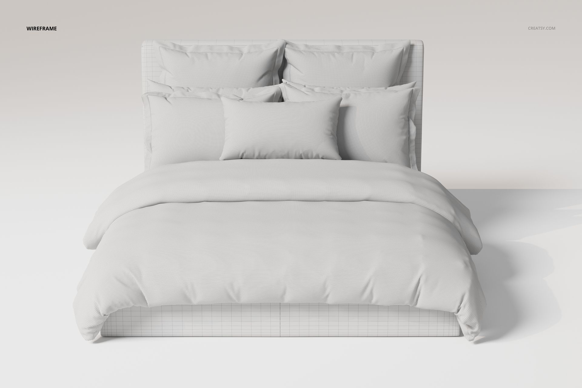 Front view of a bedding set featuring ruffled pillows and a soft comforter in light neutral tones on a bed frame.